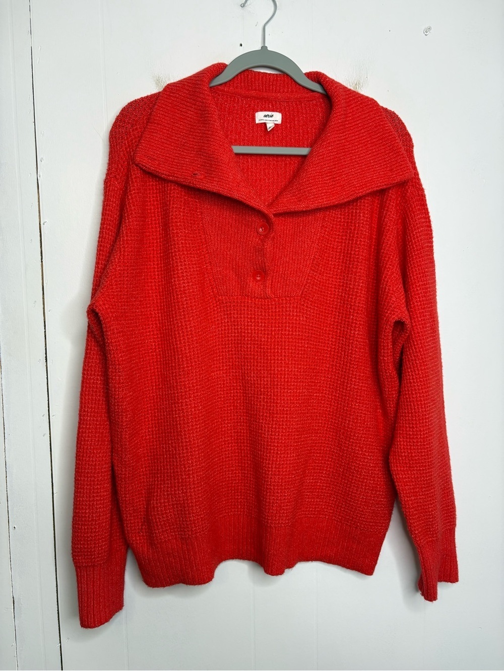 Aerie Sweater Womens Extra Small Knit Pullover Waffle Knit Button Foldover Neck